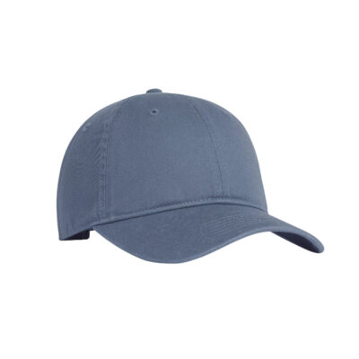 Blue baseball cap with curved brim, shown from a side angle against a white background