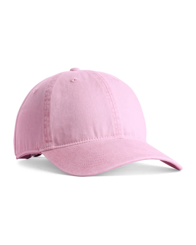 ccsc0-blossom Pink baseball cap with curved brim on a white background (front and side view). I think better: Pink baseball cap with curved brim, six-panel design, on white background.