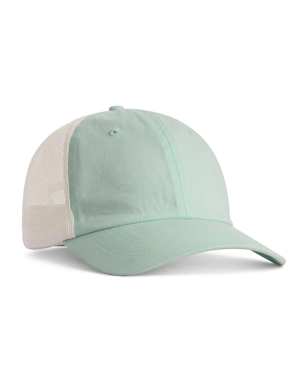 ccst0-bay Mint green trucker cap with cream-colored mesh back, shown from side.
