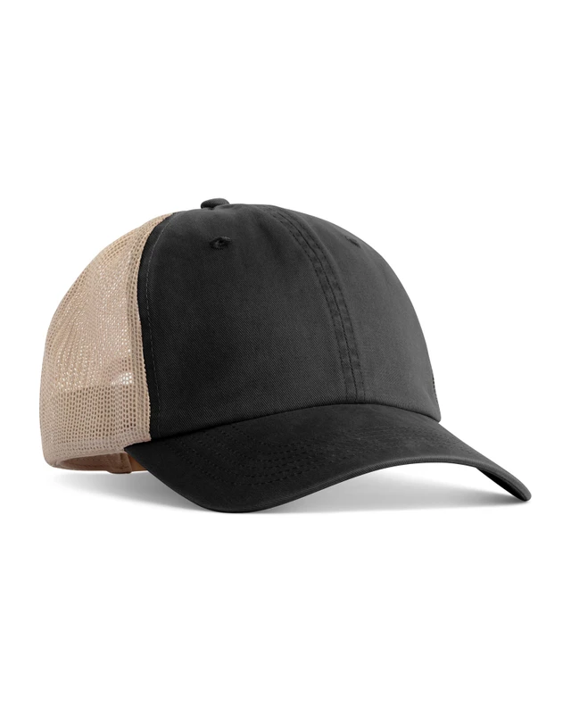 ccst0-black Black baseball cap with beige mesh back and curved brim, front panel solid black