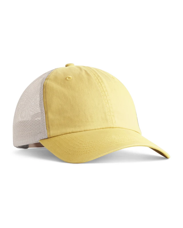 ccst0-butter Yellow trucker-style baseball cap with a curved brim and white mesh back, shown in side view