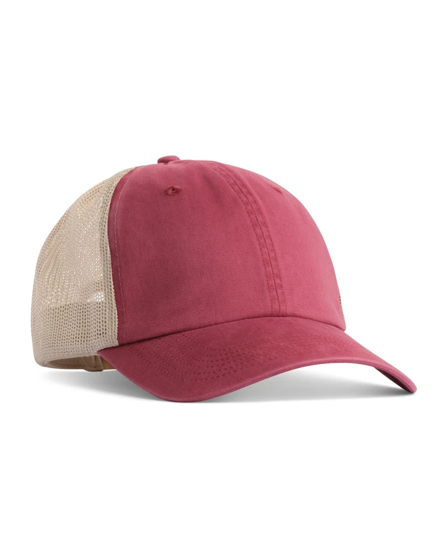 ccst0-crimson Pink trucker cap with beige mesh back and a curved brim, plain front panel.