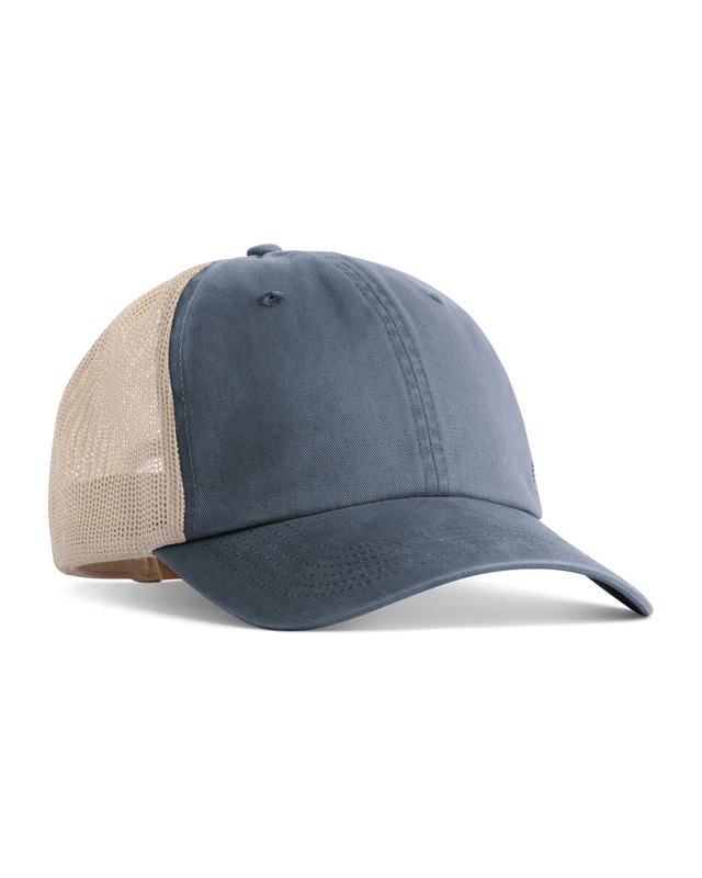 ccst0-denim Blue baseball cap with beige mesh back and curved brim.