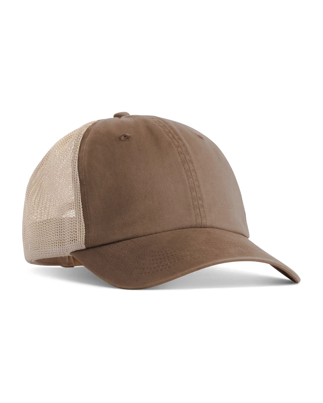 ccst0-espresso Brown trucker cap with beige mesh back, curved brim, on white background.