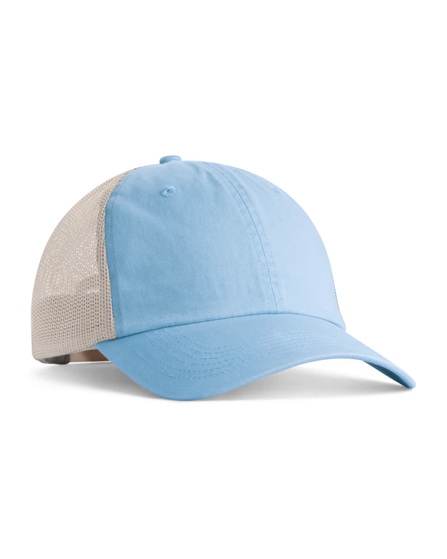 ccst0-hydrangea Light blue trucker hat with a beige mesh back and curved brim on a white background